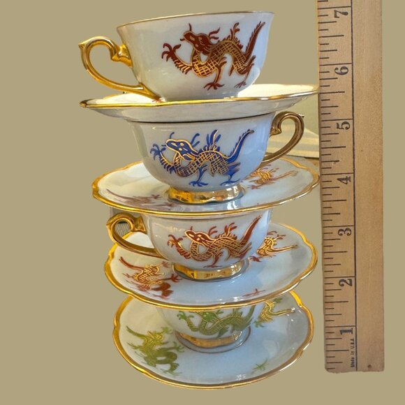 VNTG  Japanese Dragon Teacup Set 4Pc Gold Gilded Porcelain Collectible Decor - Picture 8 of 10